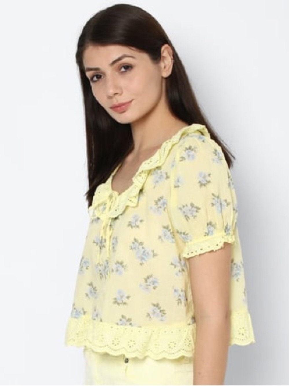 American Eagle Yellow Floral Ruffle Lace-Trim Women's Top